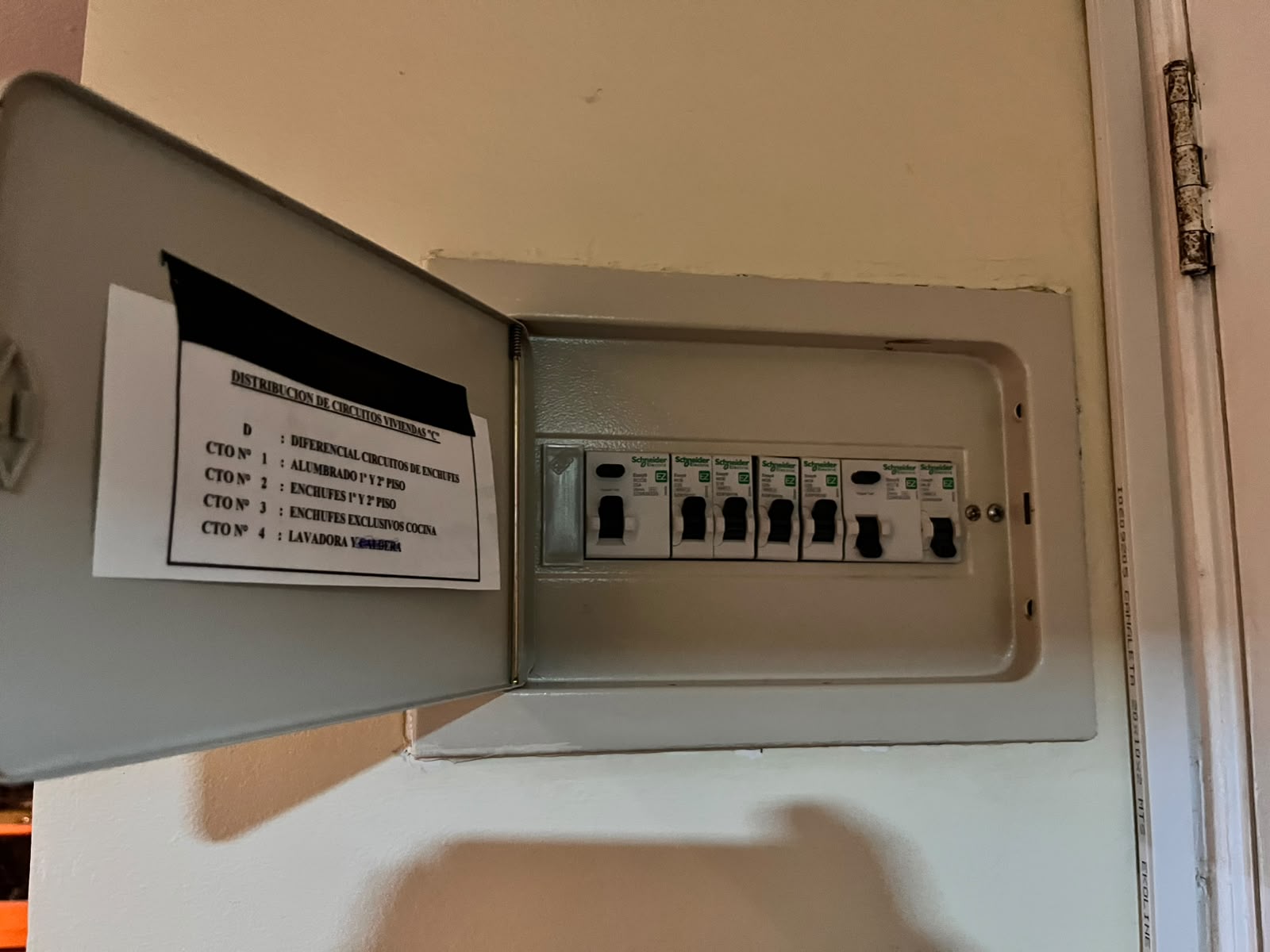 Tablero eléctrico residencial con circuitos identificados